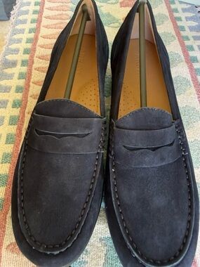 Array Black Genuine Suede Penny Loafers for Women, Rounded toe, and topstitched